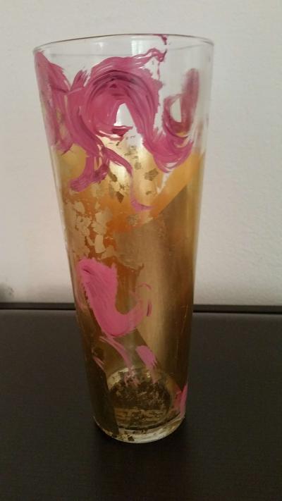 Beau vase verre, rond, peinture verre rose poudré shabby, feuille or