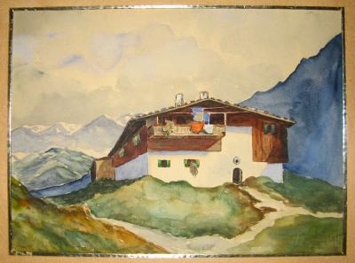 Aquarelle 1946 chalet-refuge montagne