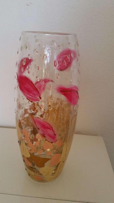 Beau vase en verre, rond or et rose shaby